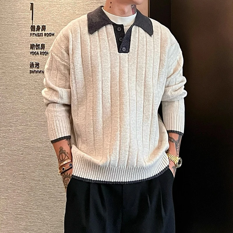 Trendy Contrast Color Patchwork Polo Sweater Men Clothing Long Sleeve Knitting Jumper Tops Mens Fall Winter Casual Knitted Polos