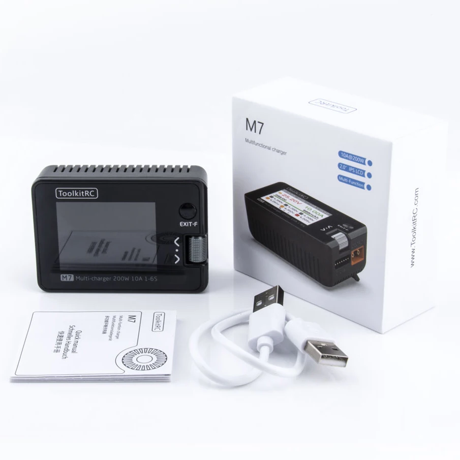 Cargador/Descargador de Baterías DC ToolkitRC M7 200W 10A para Baterías Lipo 1-6S con Verificador de Voltaje, Probador de ESC, Receptor y Pantalla LCD IPS