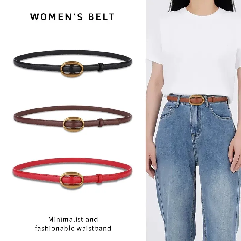 

Trend Women's Belt with Retro Gold Buckle Fashion Casual Versatile Thin Belt Soft Genuine Leather Belt Dress Jeans Belt