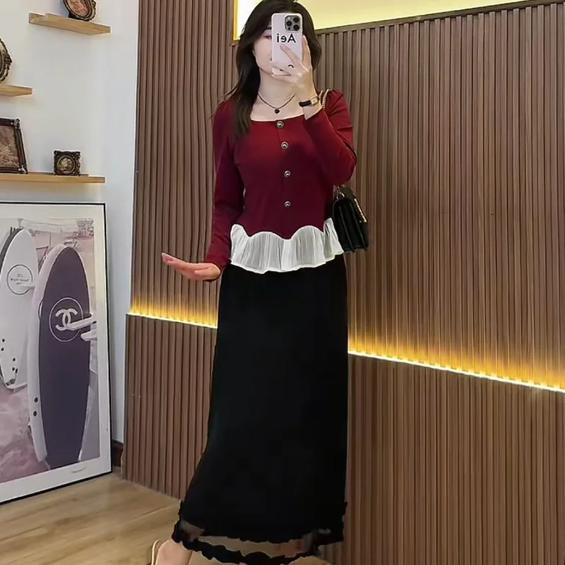 Elegant Cotton Ruffled Square Neck Top for Age Reduction 2025 Autumn and Winter