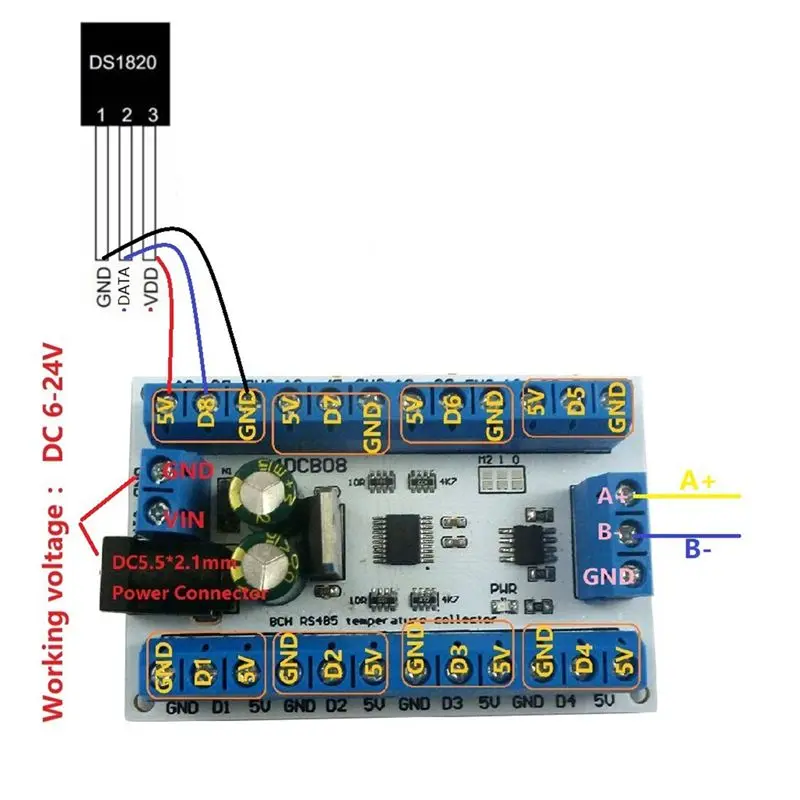B21B ELETECHSUP 8Ch Ds18B20 Rs485 Modbus Rtu Temperature Control Sensor Remote Digital Module PLC R4DCB08
