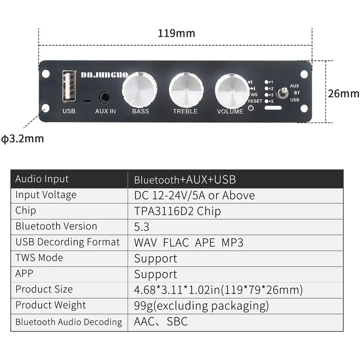 A32I TW100U 100W Mono Amplifier Board, TPA3116D2 Digital Power Amp Module with Built-in Step-Up Voltage Circuit (19V/24V)