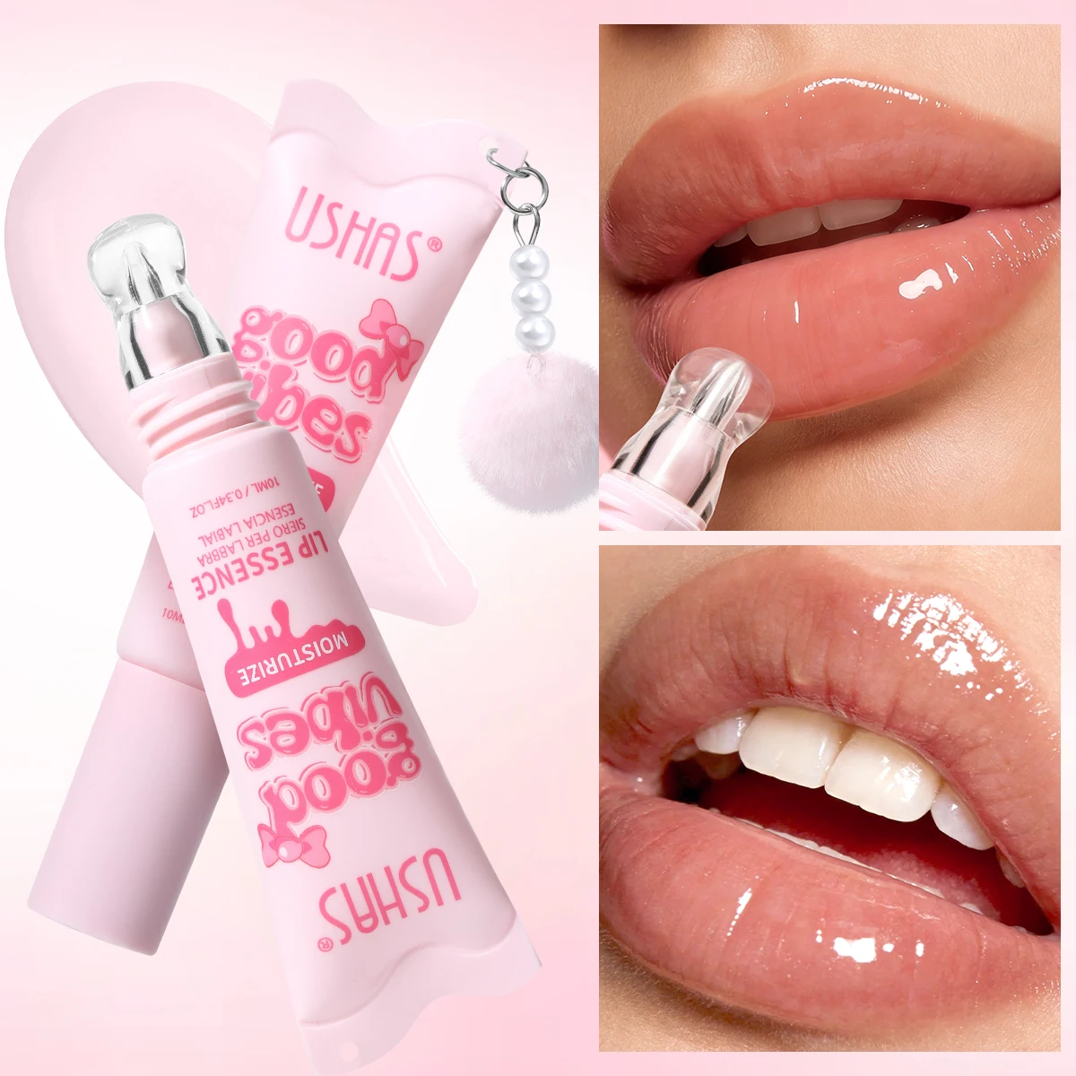 USHAS Good Vibes Lip Essence, Aceite Labial Hidratante 2 en 1 con Aplicador Masajeador, Reduce las Líneas de los Labios