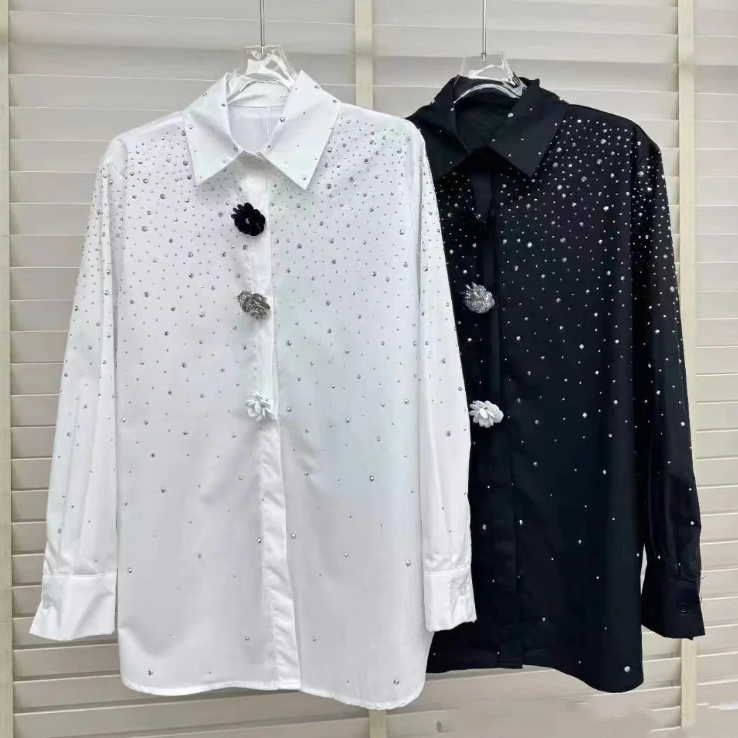 New In Hot Drilling Diamonds Black White Shirts For Women Fashion Long Sleeve Buttons Up Blouse Tops Blusas