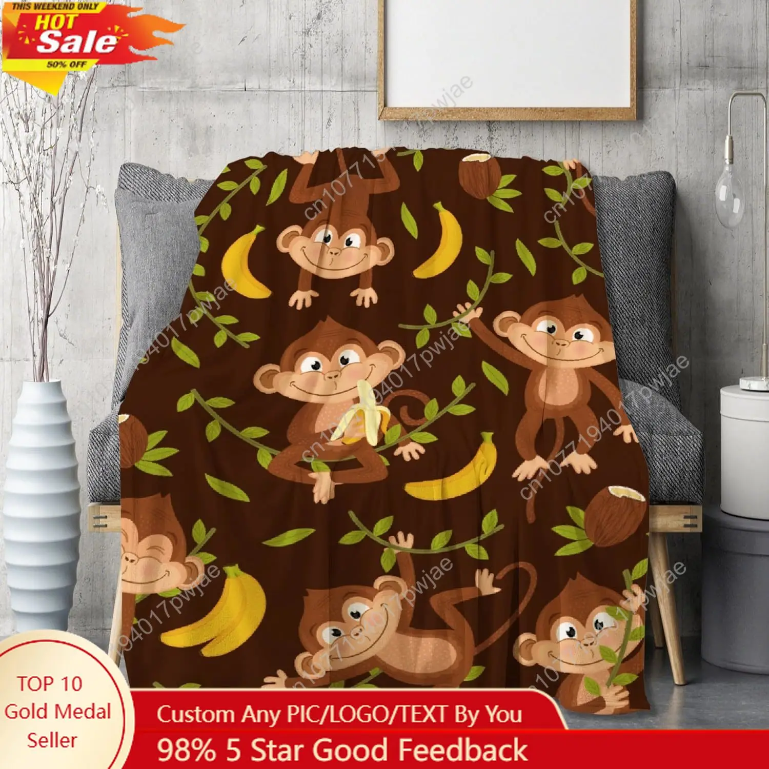 

Monkey Throw Blanket, Premium Quality Gift Flannel Fleece Memorial Blankets, Gifts for Family Friend Kids Adult Couch Bedroom Bi