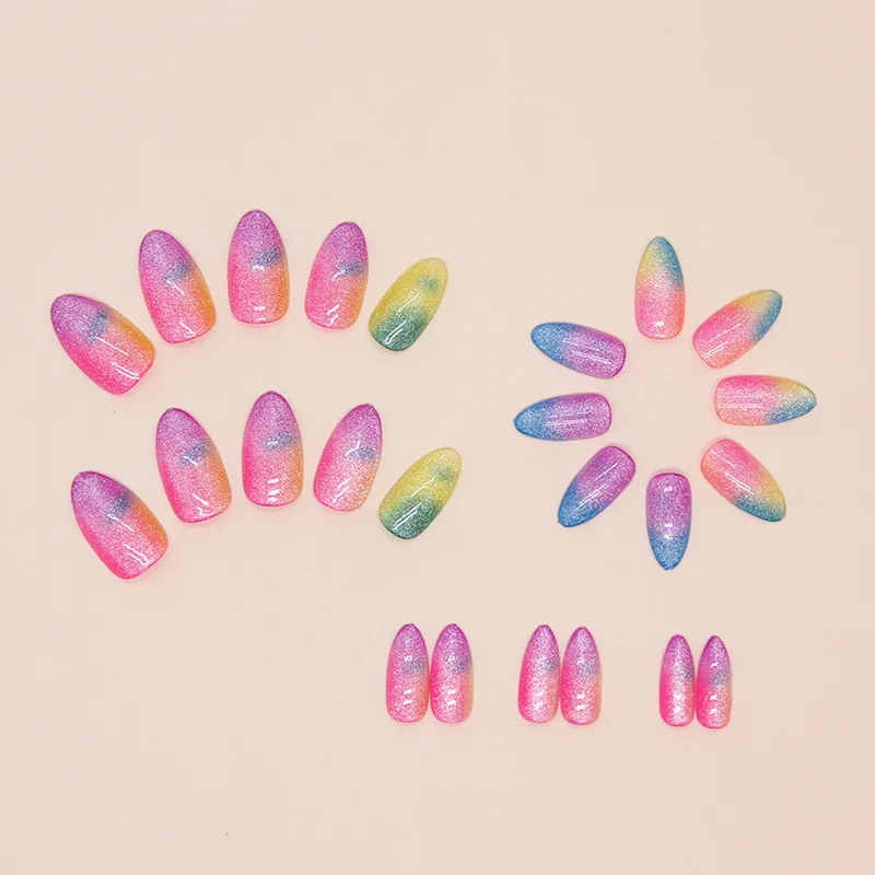 

24Pcs Long Almond Press-on Nails: Magnetic Cat Eye with Dreamy Rainbow Smudge & Multicolor Glitter - Iridescent Fantasy