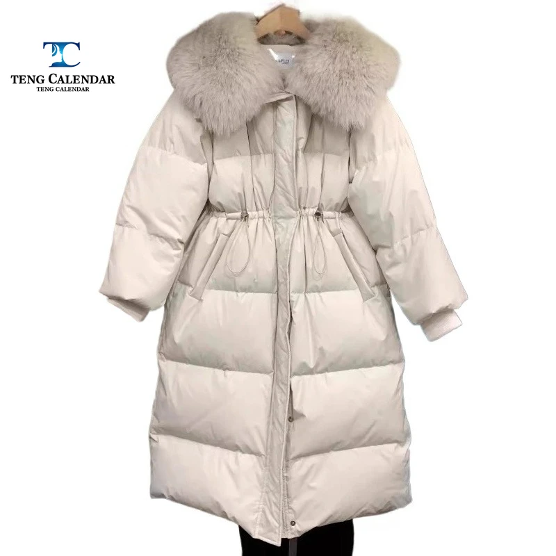 여우털 칼라 다운 재킷, 중간 길이 허리 조임 및 슬림핏 무릎 아래 두꺼운 재킷, 여성용 2025 겨울 신상