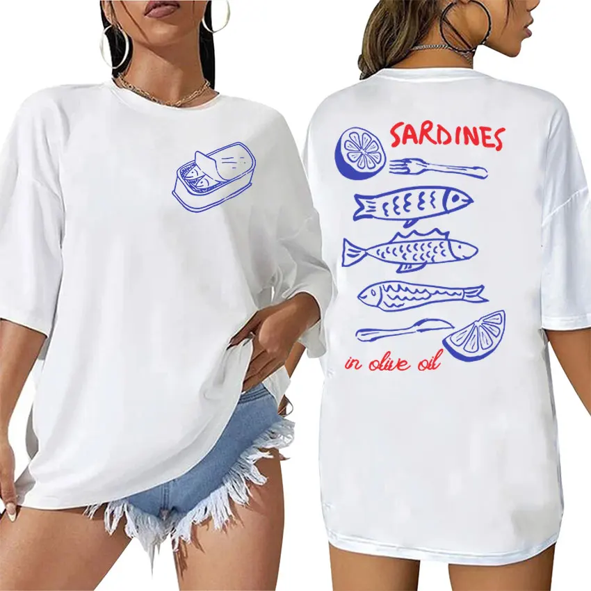 Camiseta con meme de pez divertido de sardinas en aceite de oliva, ropa estética para hombres y mujeres, camisetas de manga corta, camisetas informales 100% de algodón