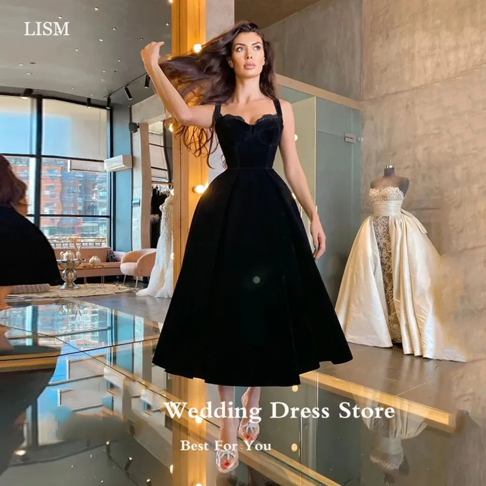 

LISM 2024 Simple Black Velour Evening Party Dresses Halter Short Prom Dresses Tea Length Special Occasion Gowns Plus Size