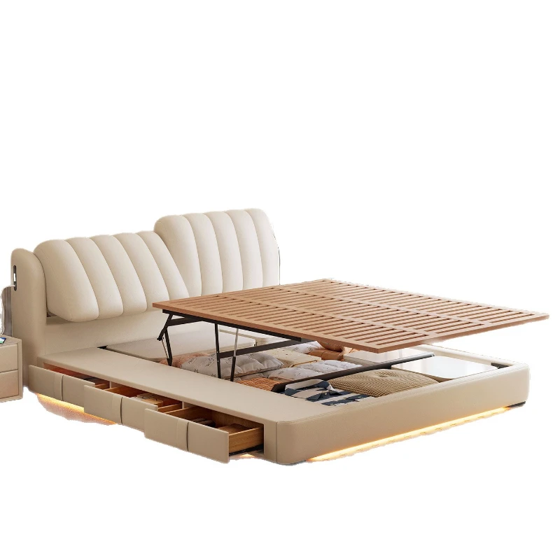 Storage three pumping bed, master bedroom double soft bag adjustable, backrest high box translational leather bed
