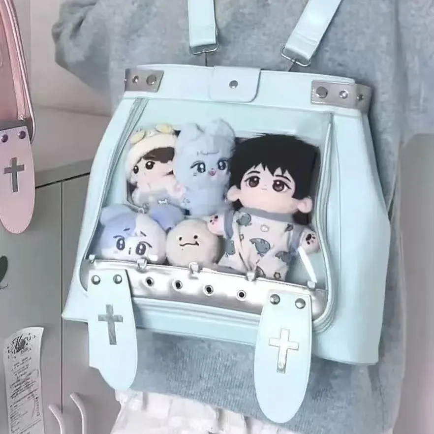 Ita Bag for Women Anime Cartoon Print Transparent Pocket Itabag PU Leather Blue/Yellow/Silver Color Block Daily School Gift