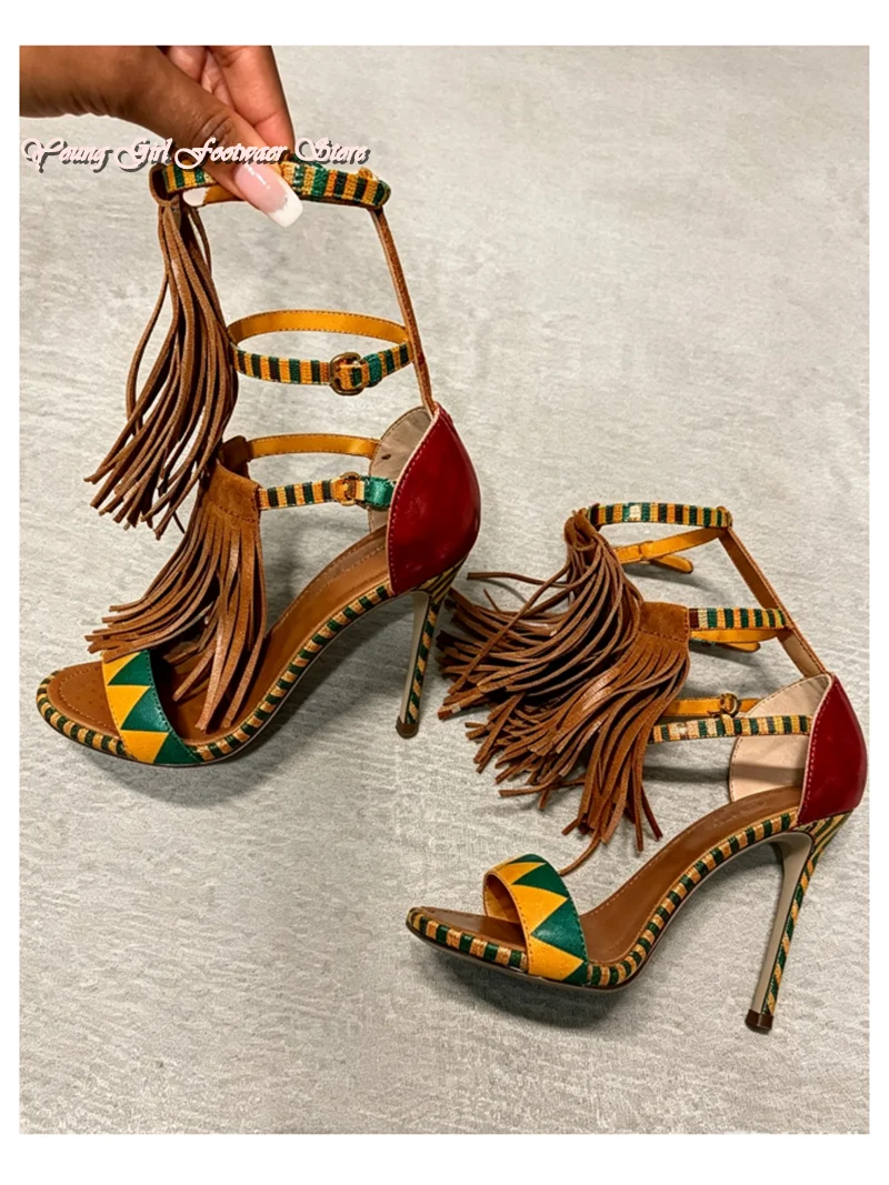 round head Open toes tassel Decorative orange color summer sandals stilettos ankle thin strap clasp banquet Women's shoes manual