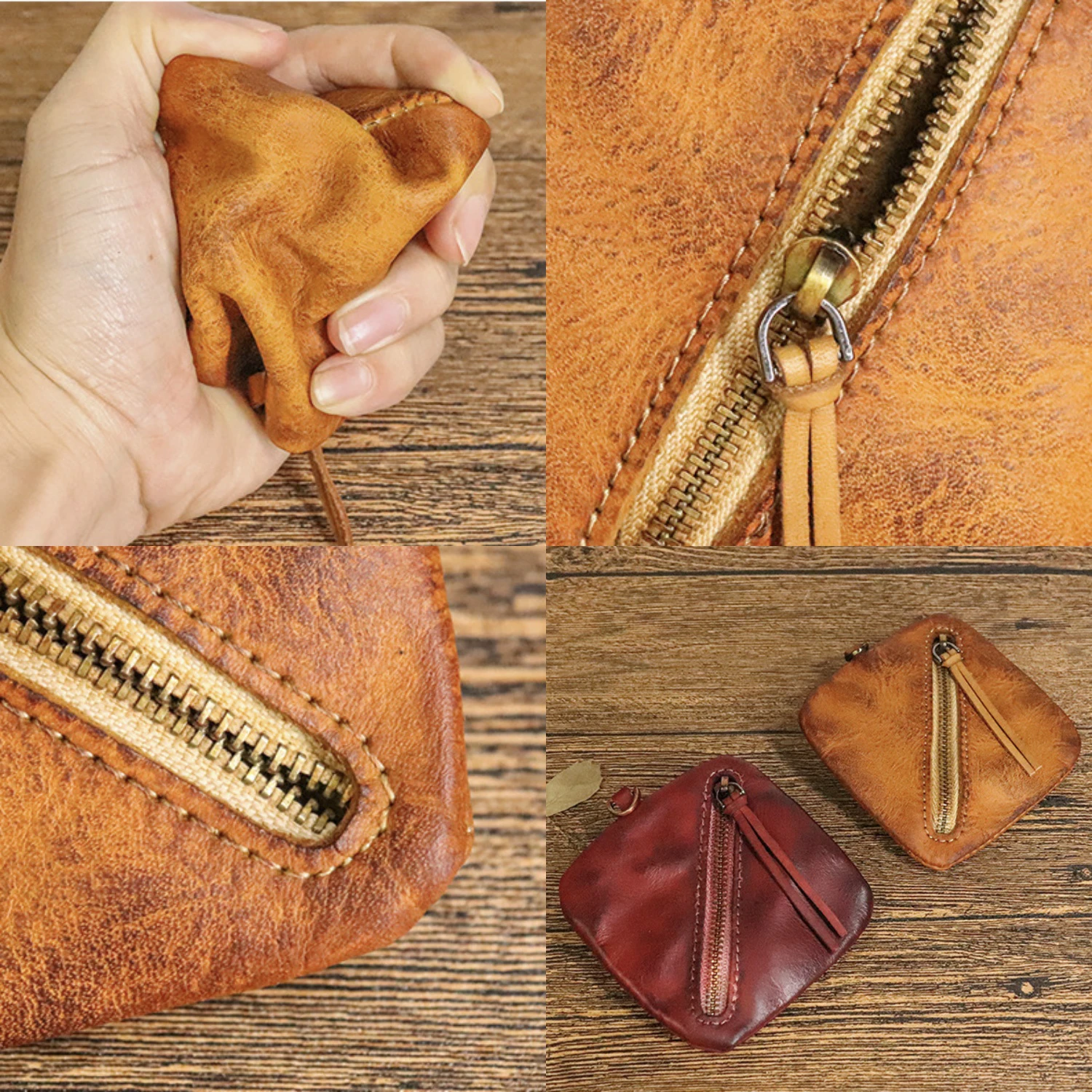 Soft-touch vintage square leather key case, creative retro crazy horse leather key case with zipper coin pocket, convenient to c
