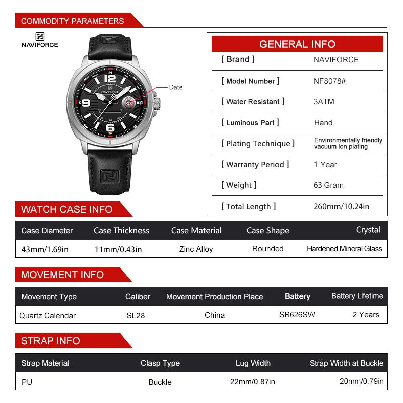NAVIFORCE  High Quality Male Wristwatch PU Band Calendar Brand Men Quartz Watch Auto Date Display Waterproof Clocks Reloj Hombre