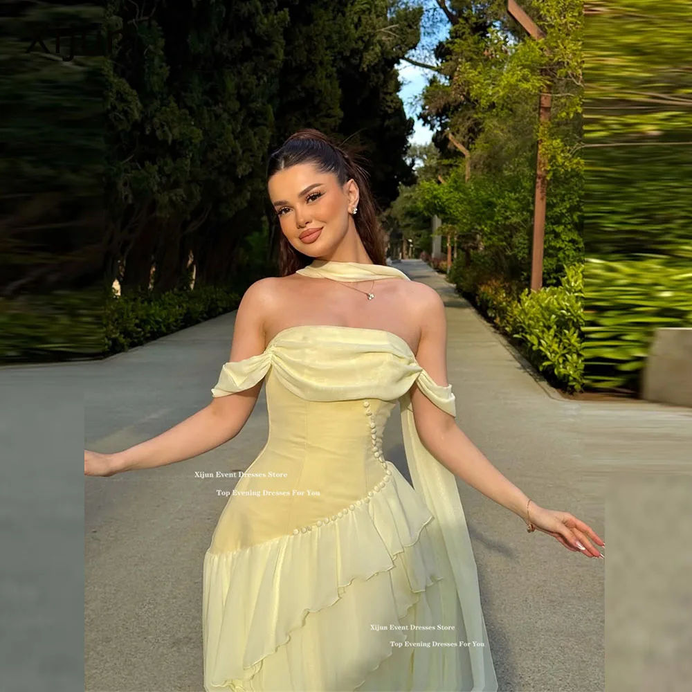 Xijun Elegant Yellow Chiffon Evening Dresses Ruffles A-Line Long Prom Dresses Off The Shoulder Luxury Dubai Prom Gowns Customize