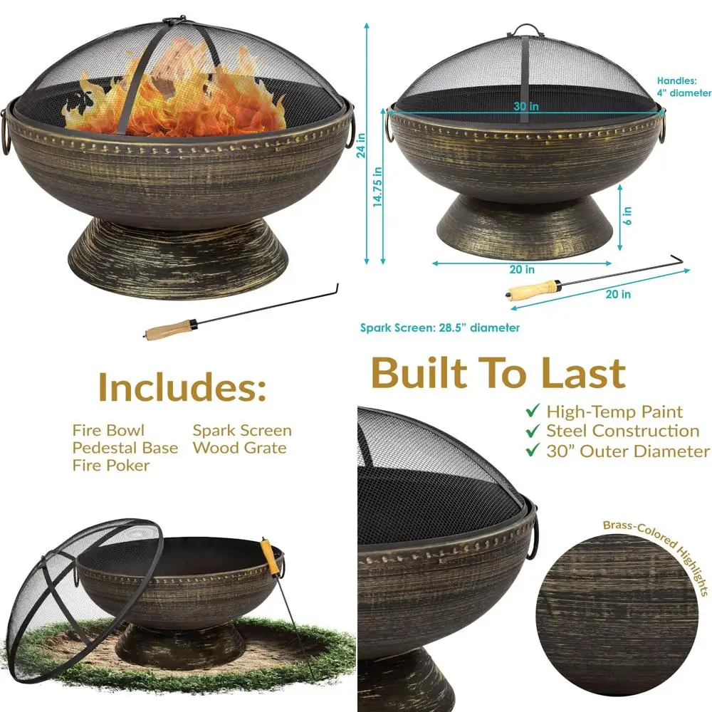 

Большая 30-дюймовая уличная дровяная косточка с покером и экраном - черная