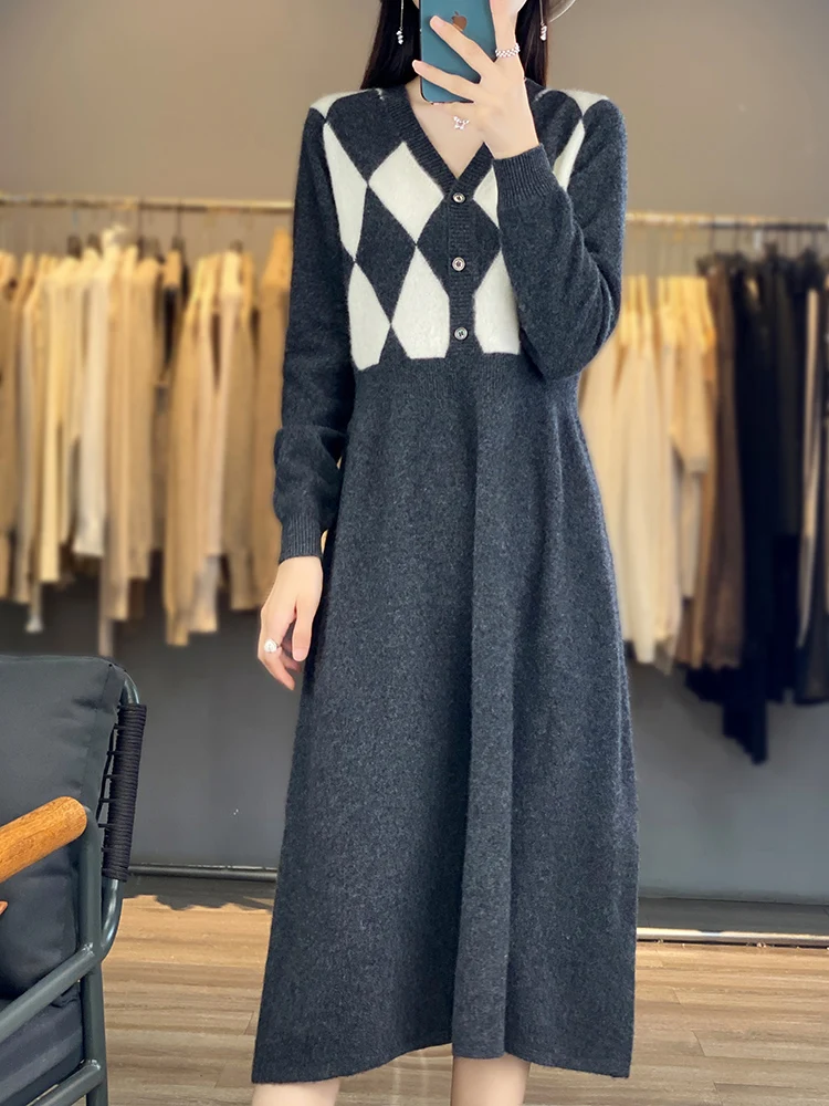 Women 100% Wool Knitted Dress V-Neck Loose Color Match Long Skirts High Waist Over Knee Pullover Sweater New Autumn Winter Dress