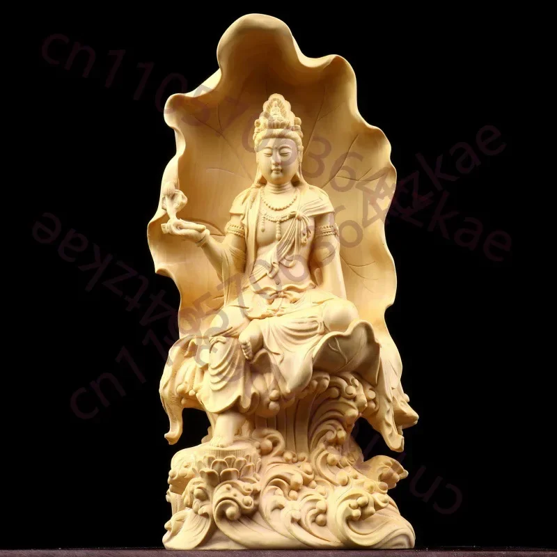 Hand Carved Wooden Sitting Avalokiteshvara Guan Yin Bodhisattva Statue - Figurine Ornament Lotus Base Home Altar Temple Decor
