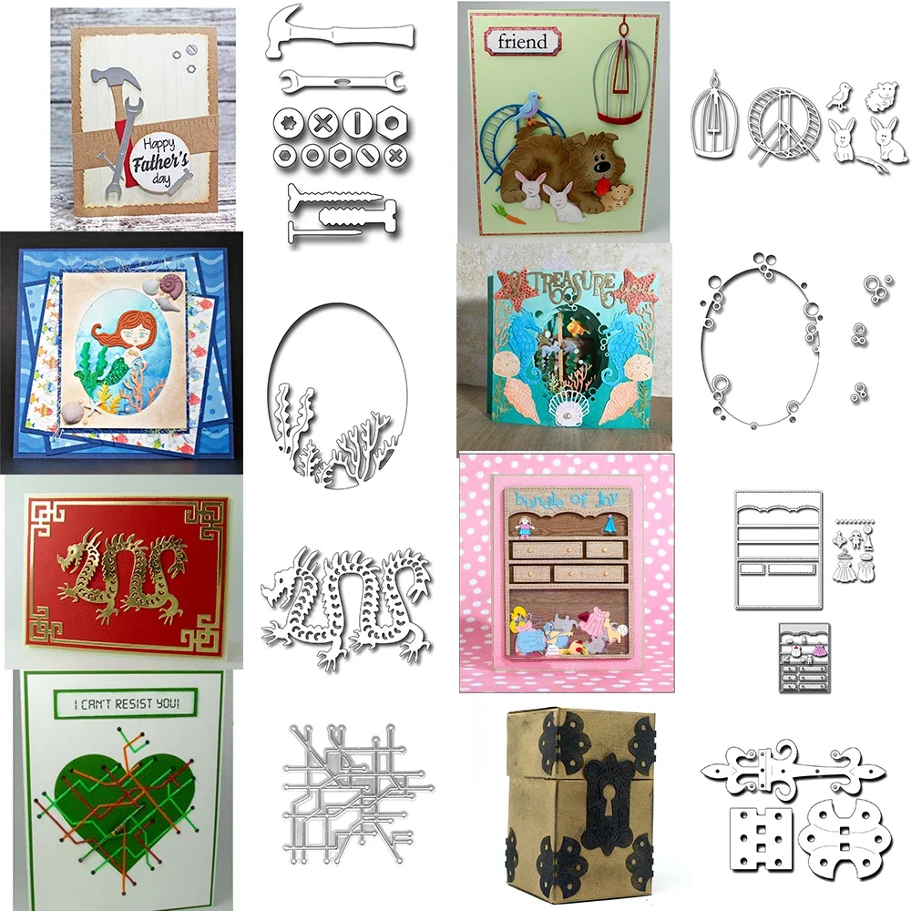 Drachen-/Blasen-, Korallen- und Seetang-Oval-Stanzformen, Hamster- und Vogel-Elektroschaltkreis-Stanzformen für DIY-Scrapbooking, Kartenherstellung und Bastelarbeiten.