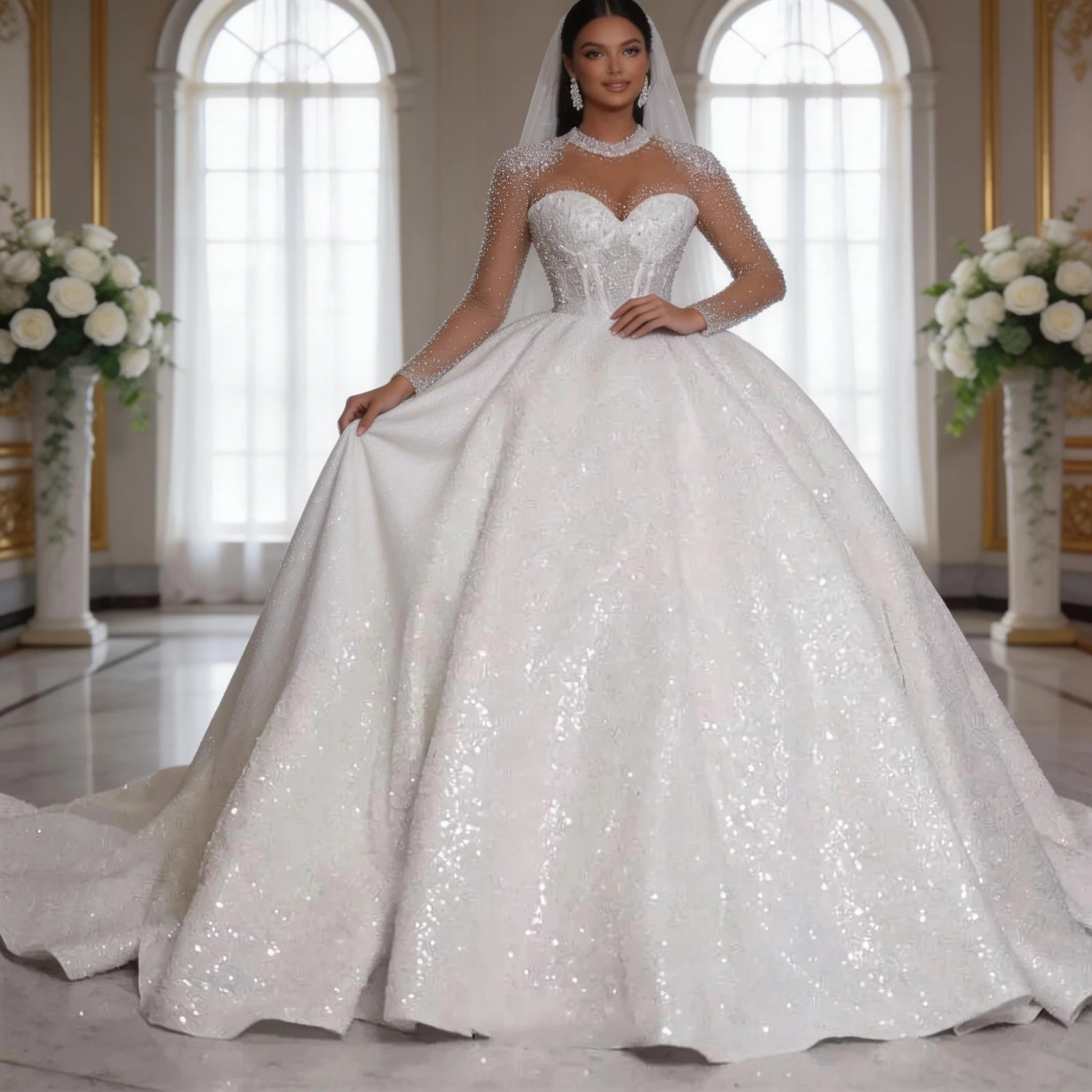 

Sparkling Ball Gown Wedding Dress Princess Long Sleeve Beaded Shining Bridal Dress for Women's Vestidos De Novia Customized