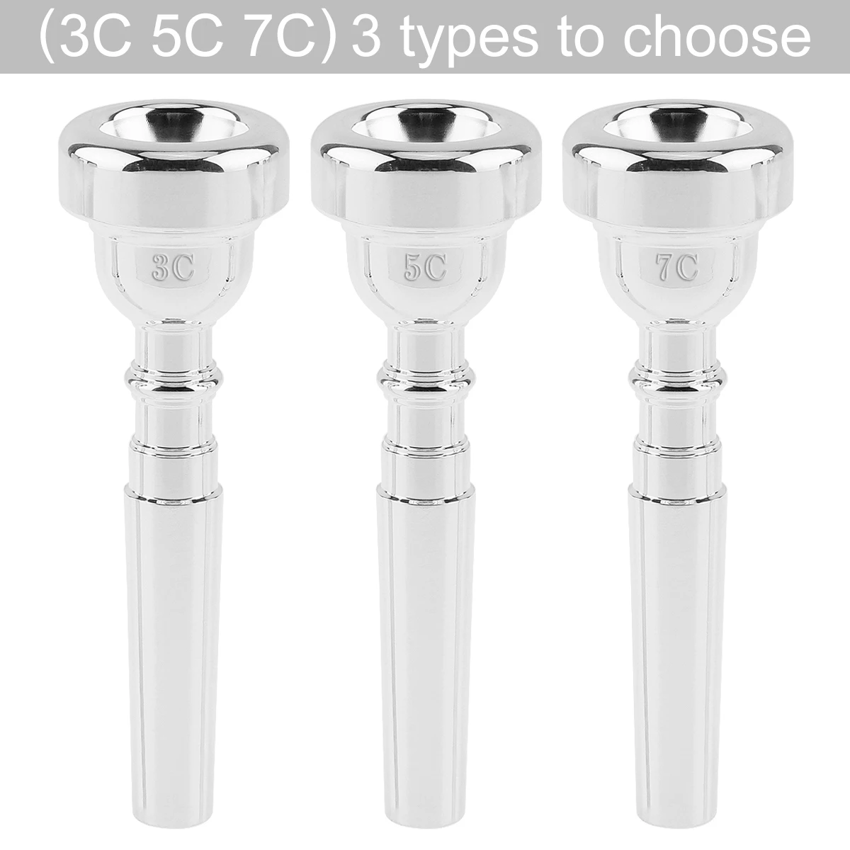 Versilbertes Messinglegierungs-Mundstück-Set 7C 5C 3C für Trompeten, passend für Yamaha / Bach / Conn / King, mit Bürste, Reinigungstuch, EVA-Etui – Detail 13