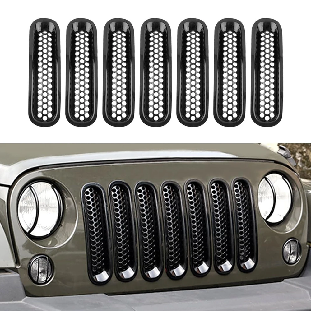

7 шт. вставки для передней решетки автомобиля, сетчатые защитные чехлы из АБС-пластика, клипса для передних решеток автомобиля, сетка для Jeep Wrangler JK 2007-2015