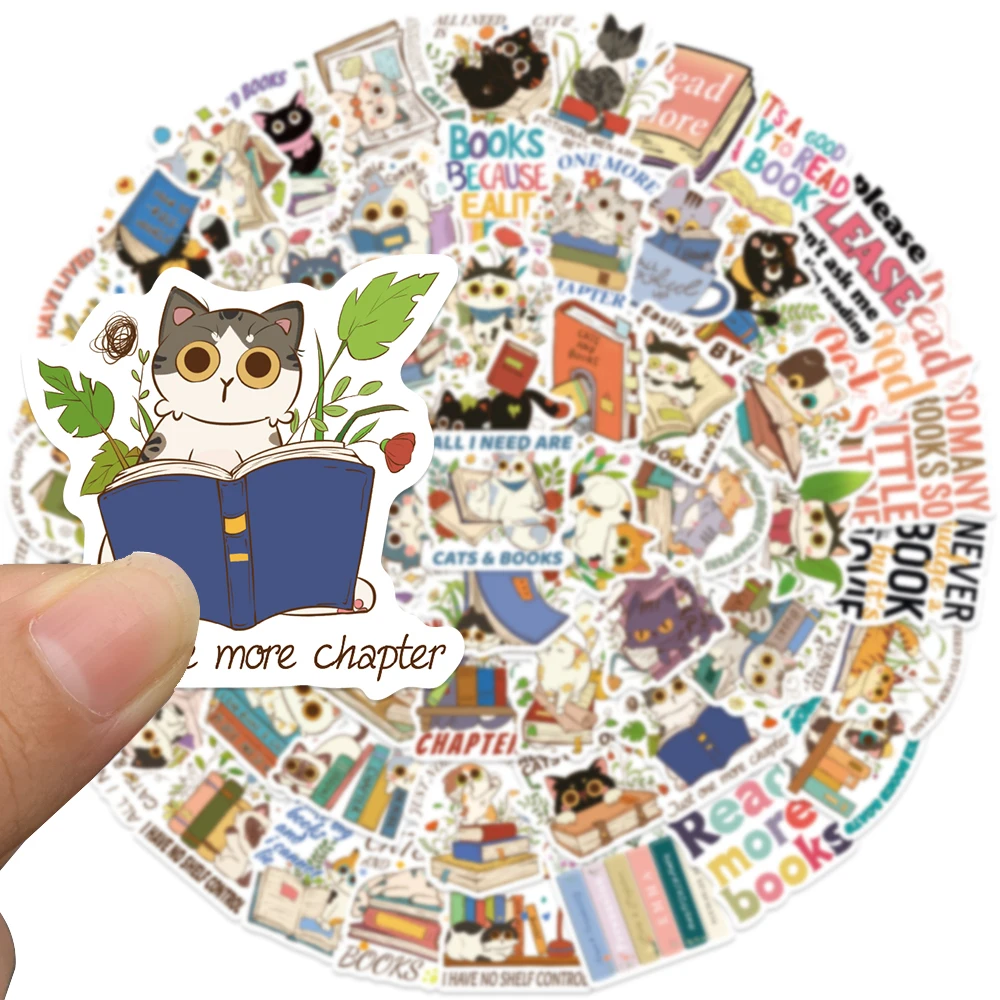 60pcs Cute Cartoon Aesthetic Books and Cats Stickers For Laptop Water Bottle Luggage Notebook Waterproof Graffiti Vinyl Decals