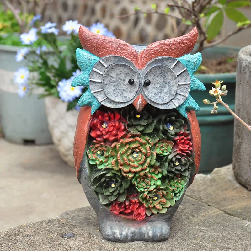 Resin Cratfs Creative Solar Powered Succulent Owl Figurine Cute Animal Figure for Courtyard Terrace & Garden Decorations
