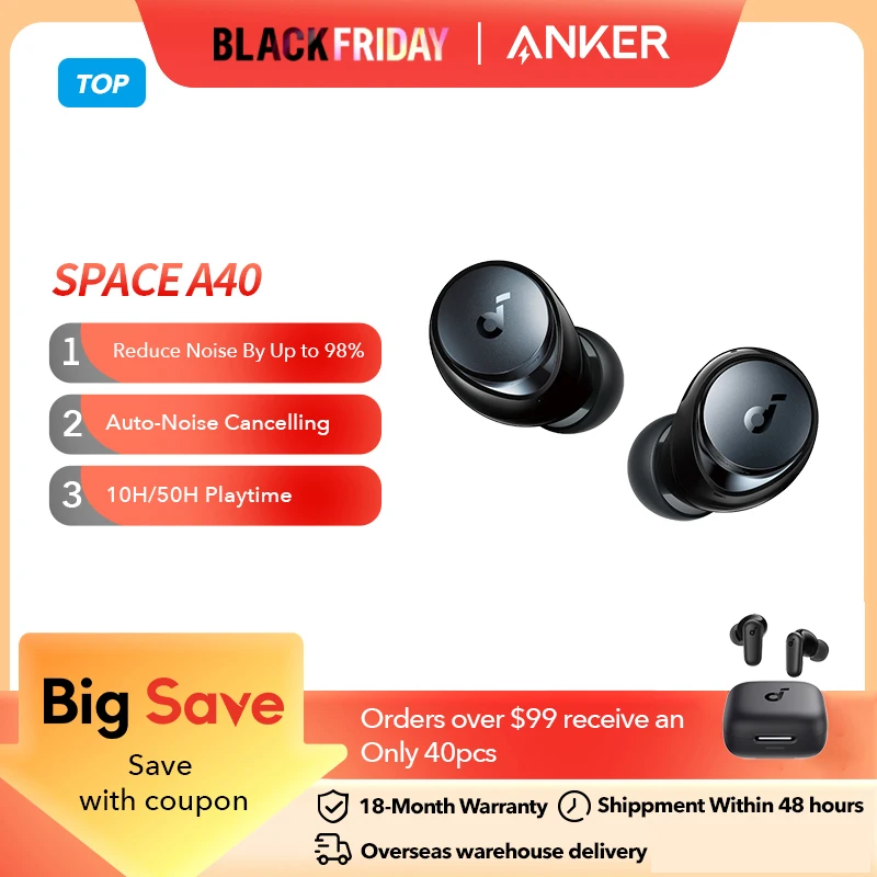 Soundcore by Anker Space A40 Earphones Adaptive Active Noise Cancelling Wireless Earbuds Wireless Bluetooth Headphones