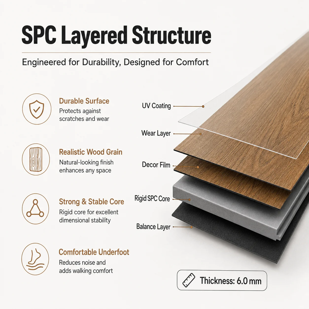 9 Pcs SPC Wood Grain Flooring, 1220×183×6mm, Waterproof, Scratch Resistant, Click-Lock Easy Installation, Indoor Use