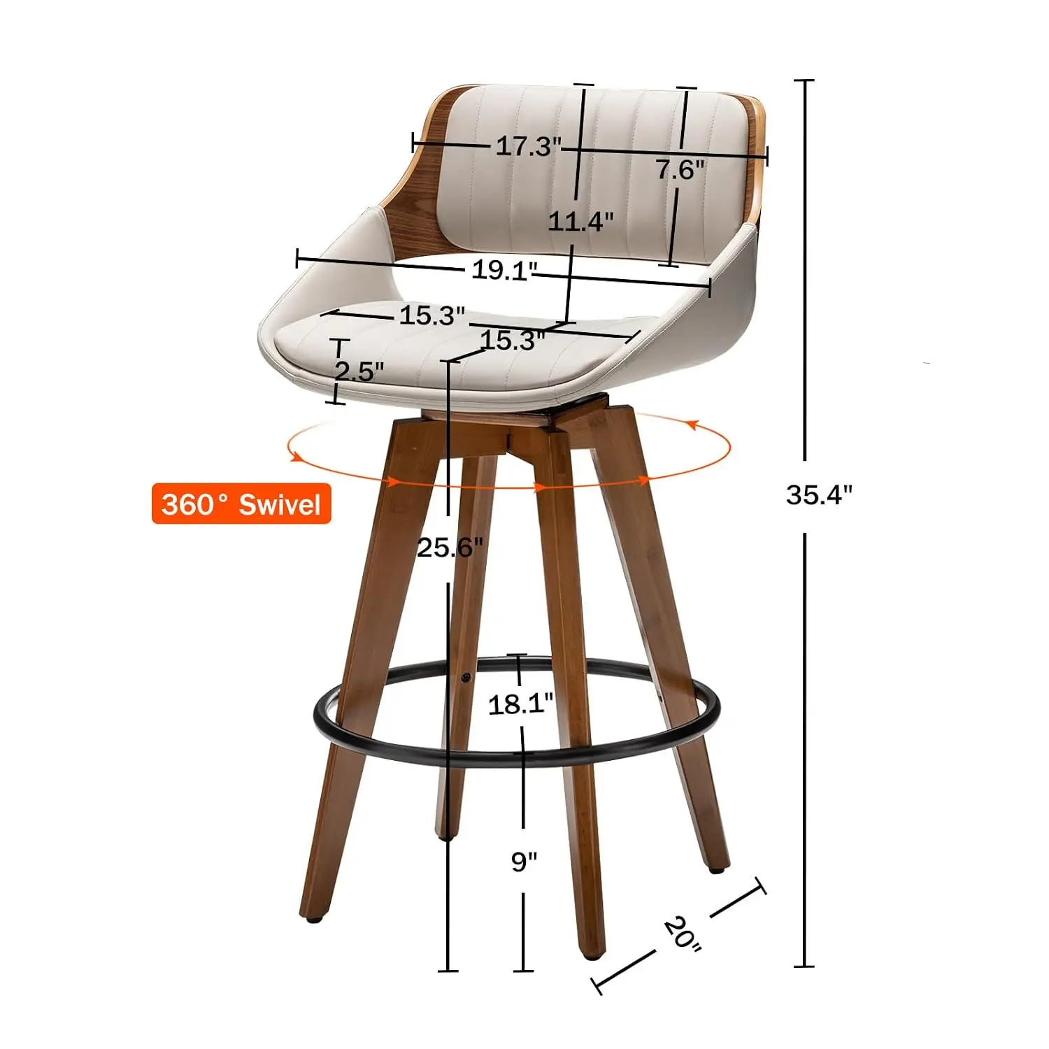 Swivel Bar Stools Set of 2 Mid Century Modern Faux Leather Upholstered Counter Height Barstools,Kitchen Island Wooden Bar Chairs