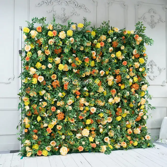 

3D Wedding Series Yellow Pink Rose Green leaf roll cloth artificial plant flower wall Outdoor wedding background decorative wall