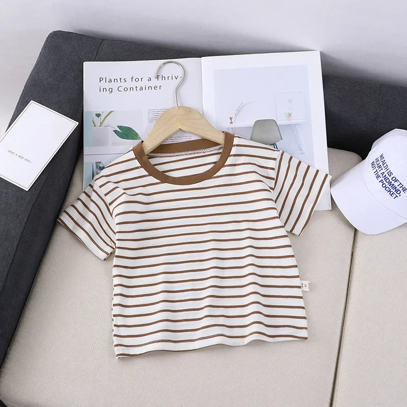 Solid Casual Striped Boys Girls T-shirt 2022 Spring Summer O-neck Comfortable All-match Cotton Kids Pullover Shirt 2-6 Years Old