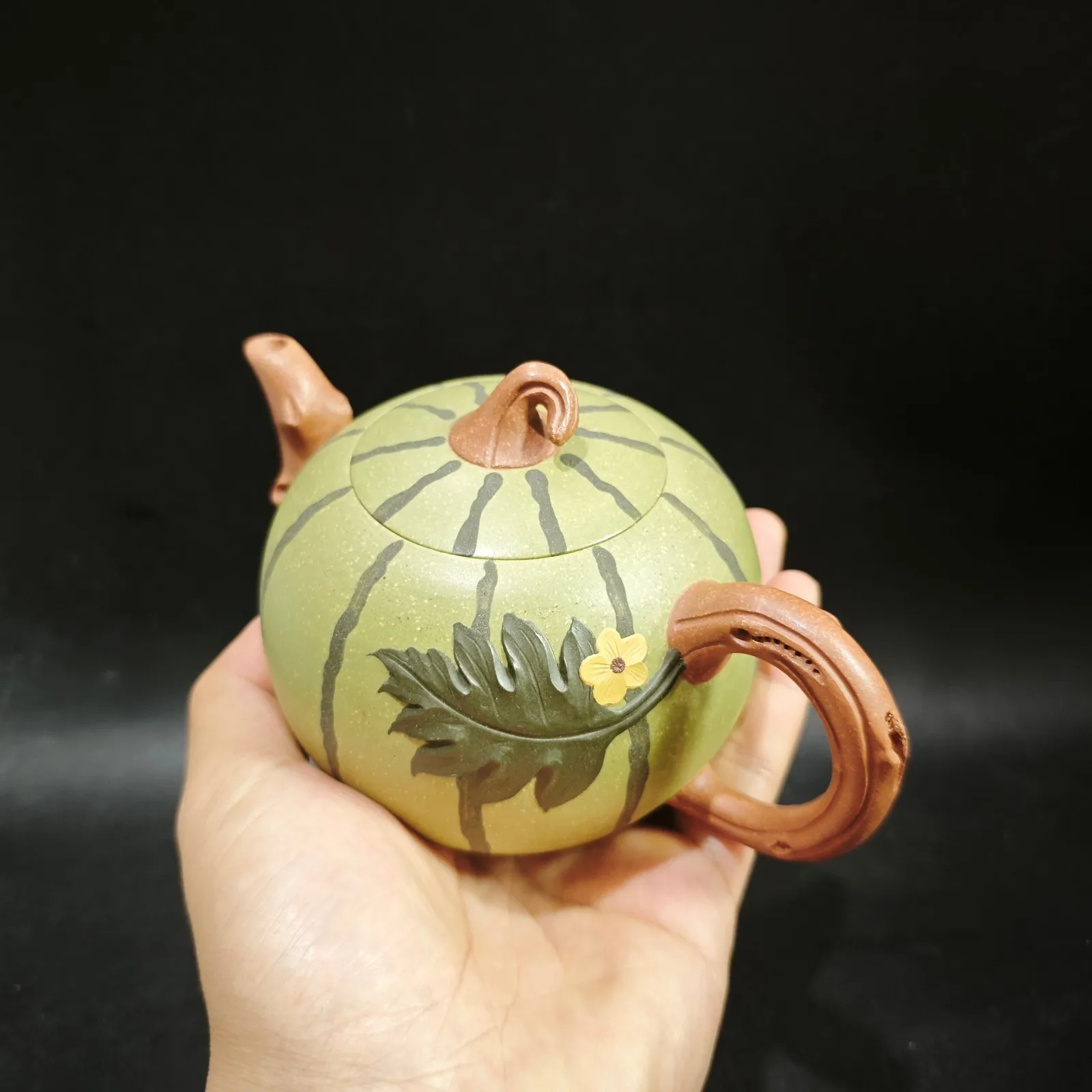Antique Watermelon Form Zisha Teapot 400ccYixing Carved Vine Novelty Collectible