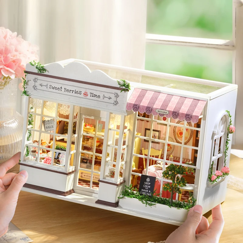 DIY Wooden Miniature Model Kit Tea Cake Store Casa Doll Houses 3D Puzzle Dollhouse With Furniture for Friends Christmas Gifts