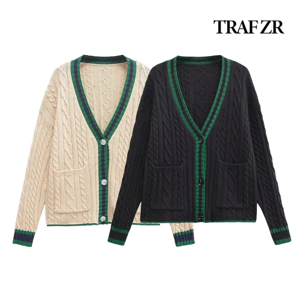 TRAF ZR Vintage V-neck Cable Knit Sweater Elegant Relaxation Chic Knitted Tops Contrasting Yarn Knitwears Aesthetic Streetwears