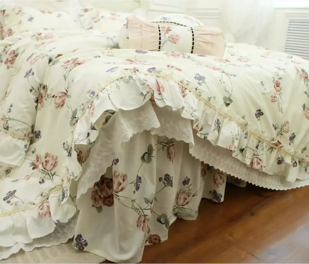 Egyptian Cotton Princess Bedding Sets Luxury Rose Flowers Printed Bedclothes Lace Ruffle Quilt cover Bed skirt Pillowcases