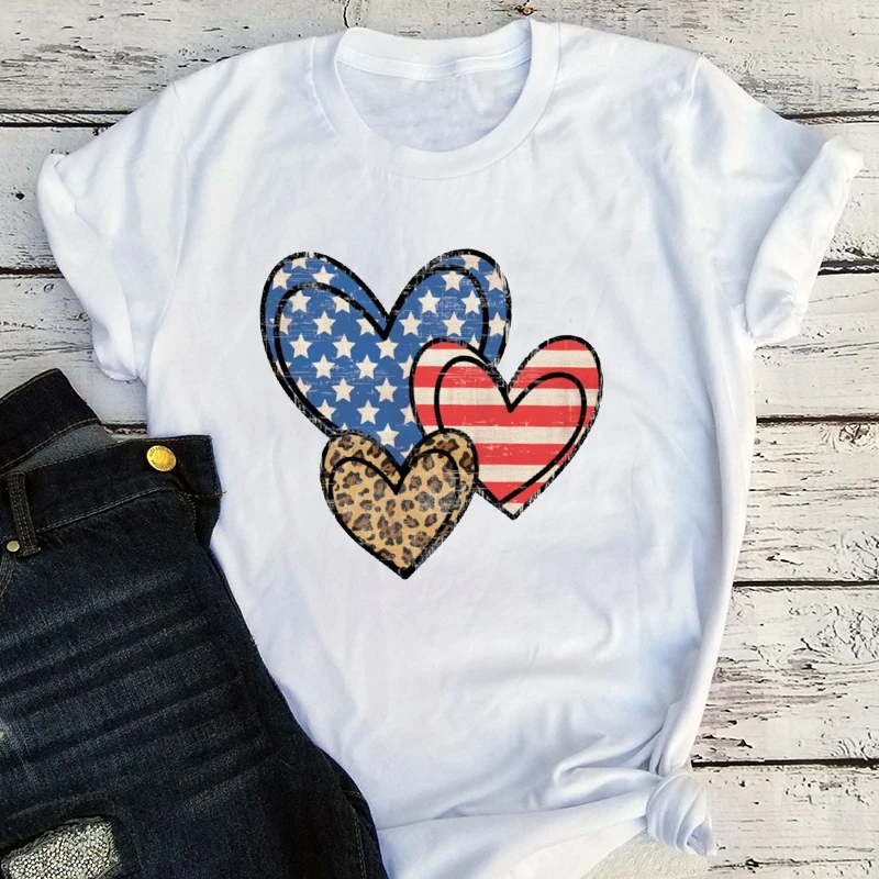 

Patriotic Shirt Stars Stripes and Leopard Hearts Graphic T Shirts 4th of July Red White and Blue Shirts Leopard Print Tee M