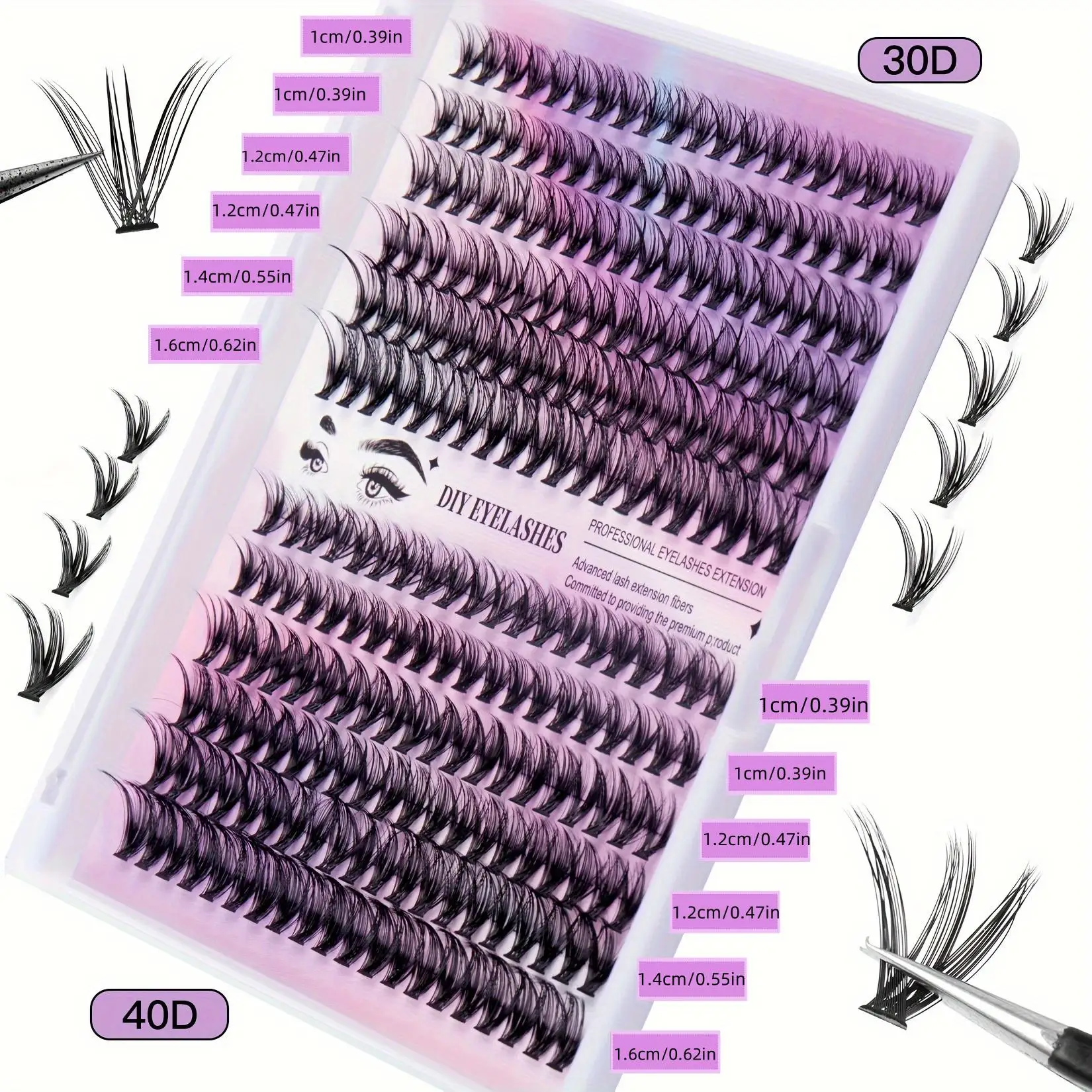 Kit d'Extension de Cils Doux et Confortables, Ensemble Mixte 30D + 40D, avec Œil Noir, Sceau et Pince à Épiler