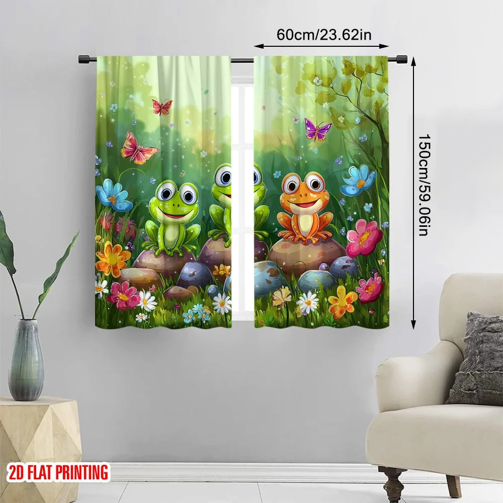 2pcs,2D plane printing Creative Curtains Vibrant Frog & Butterfly Polyester (without rod) Decorations Inside for Bedroom, Living