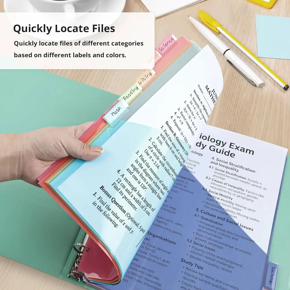 

Набор из 8 органайзеров для документов с двумя карманами, вставные разделители для 3-кольцевых переплетов, размер буквы, прочные пластиковые разделители.