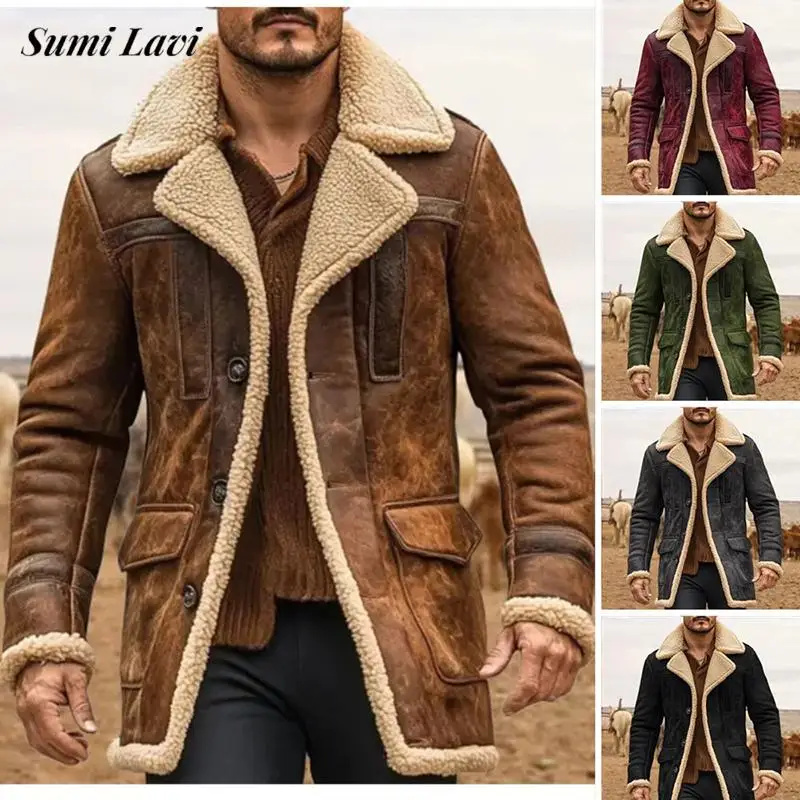 Vintage Solid Color Maxi Outerwear Daily Outdoor Mens Jackets Male 2026 Winter Warm FashionaLapel Fleece Lined Mid Long Coats
