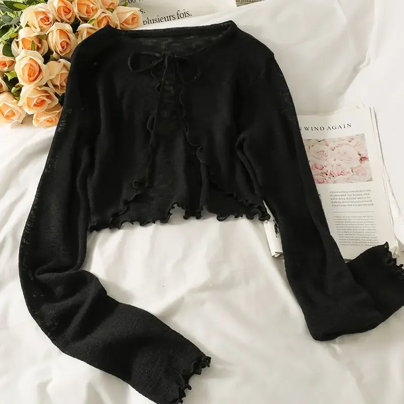 Women Frenum Cardigan Blouses and Tops Bow Lace Up Long Sleeve Crop Top Female Elegant Shirt Thin Aesthetic Clothes Korean Style