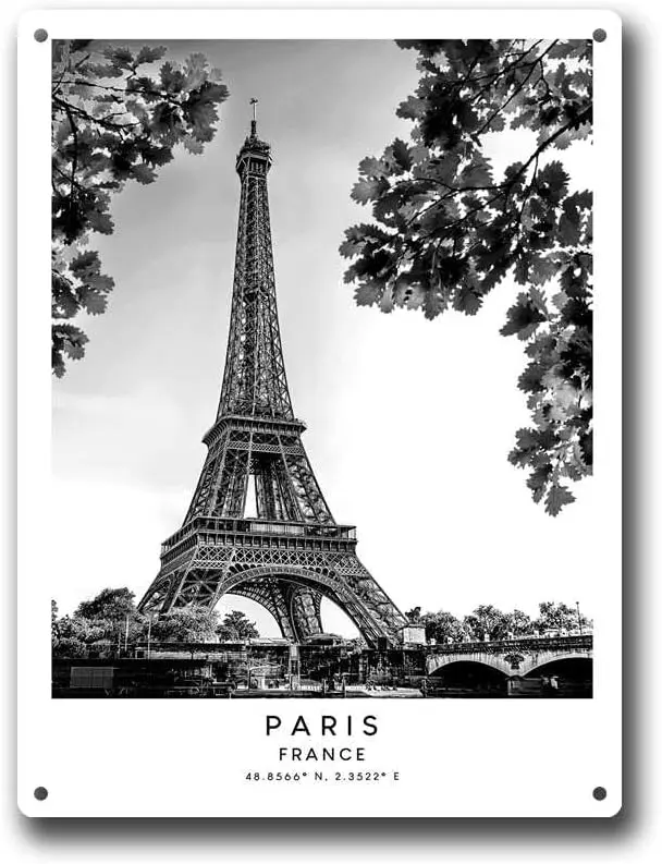 Metal Aluminum Signs Paris Travel Black and White Tower Coordinates 12x16inch Tin Sign