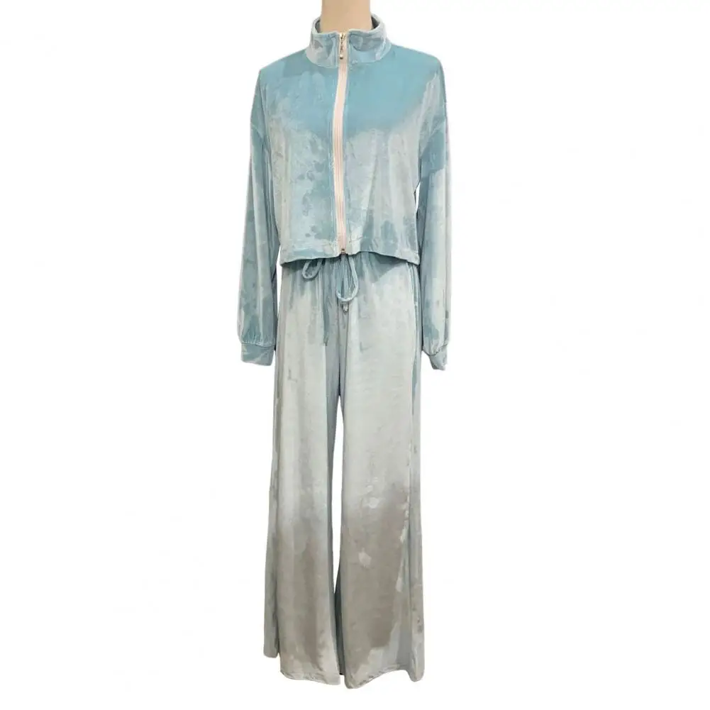 Women Formal Velvet Outfit Golden Velvet Tracksuit Set with Stand Collar Coat Wide Leg Pants for Women Winter Wear Outfit