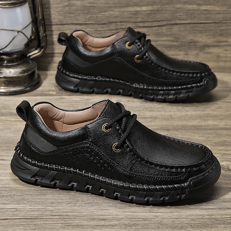 Four Seasons Breathable Leather Loafers Men's Summer Shoes Comfty Driving Thick Sole Shoes Casual Sneakers Hand-stitching shoes