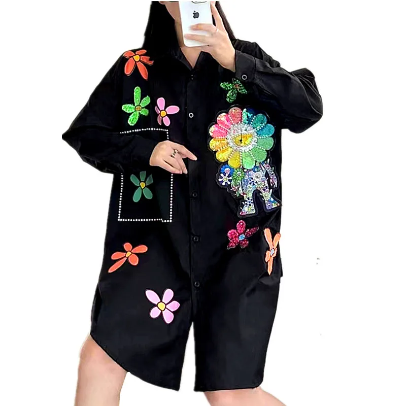 New Long Loose Shirt Women Turn-Down Collar Cartoon Sequins Tdress Long Blouse Casual Feminina Blouses Women Shirts NZ98