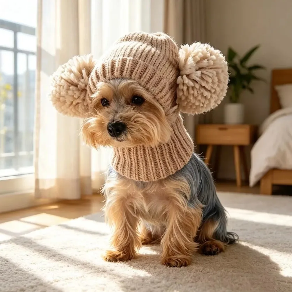 Absorbing Sound Warm Dog Knitted Hat Soft Stretchy Windproof Pet Neck Warmer Fur Ball Handmade Pet Pom-pom Hat Cold Weather