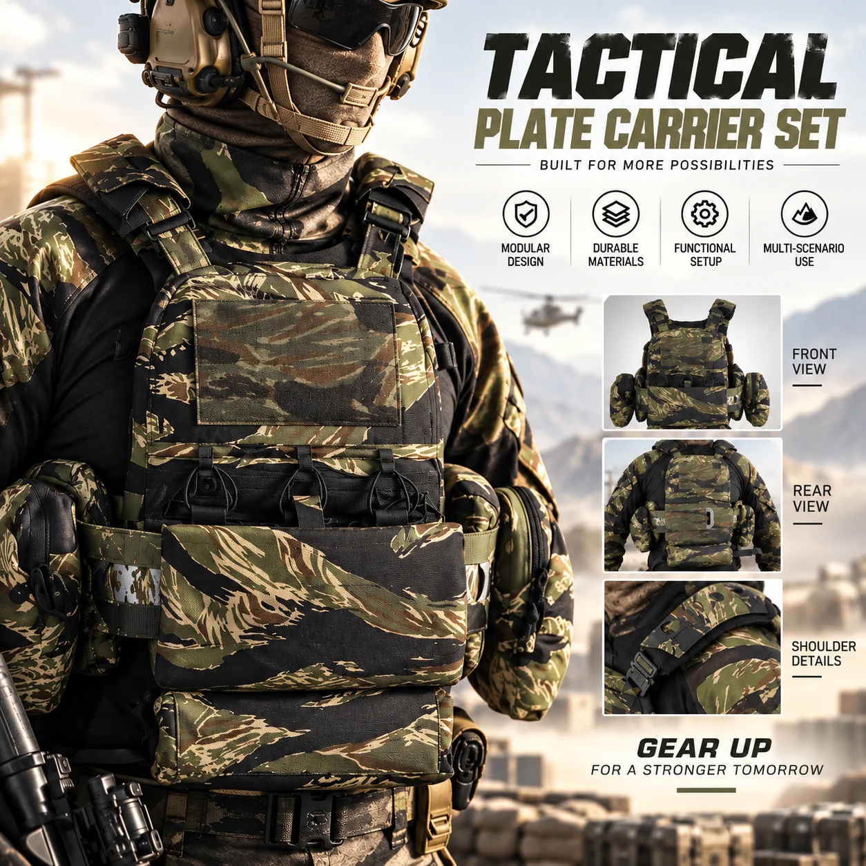 Tactical V5 Vest Set MOLLE Modular Tiger Stripe Woodland Camo Vest Kit with Triple Magazine Pouch Side Pouches Kit for Training