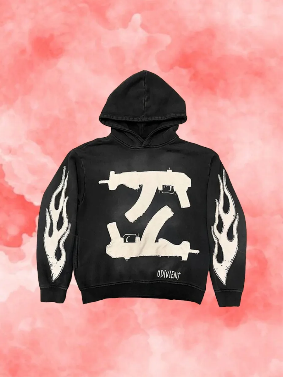 Patchwork doble patrón de pistola de manga larga Sudadera con capucha suéter americano Y2k moda High Street Sudadera con capucha